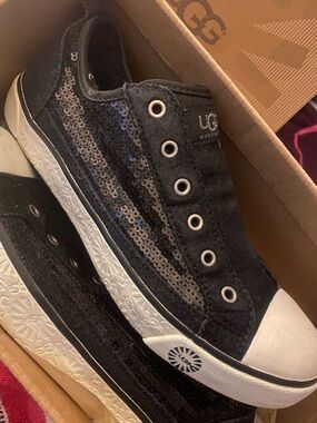 UGG Black Sequin Slip-On Sneakers with White Trim